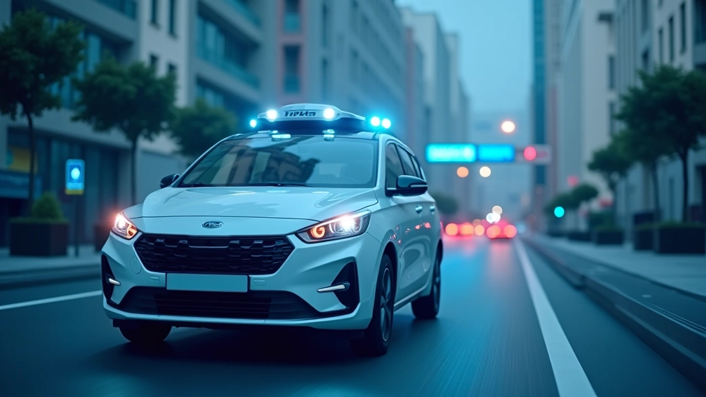 Otonom araç test alanında, araç sensörleri ve harita verisi gösterileri ile teknoloji gösterimi