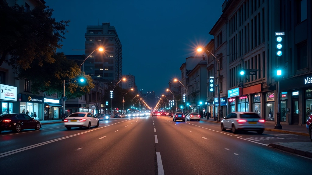 Modern şehir merkezi gece saatlerinde trafik ışıkları ve araçlarla dolu sokak