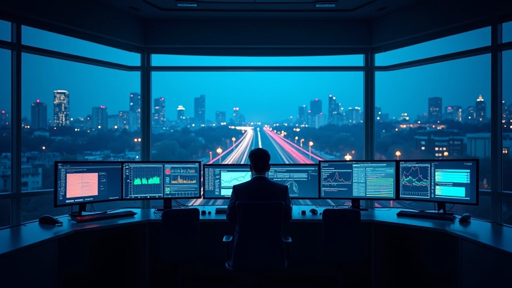 Modern trafik kontrol merkezi, gece, ekranlar ve kontrol panelleri, İstanbul manzarası pencereden görülüyor, mavi ışık