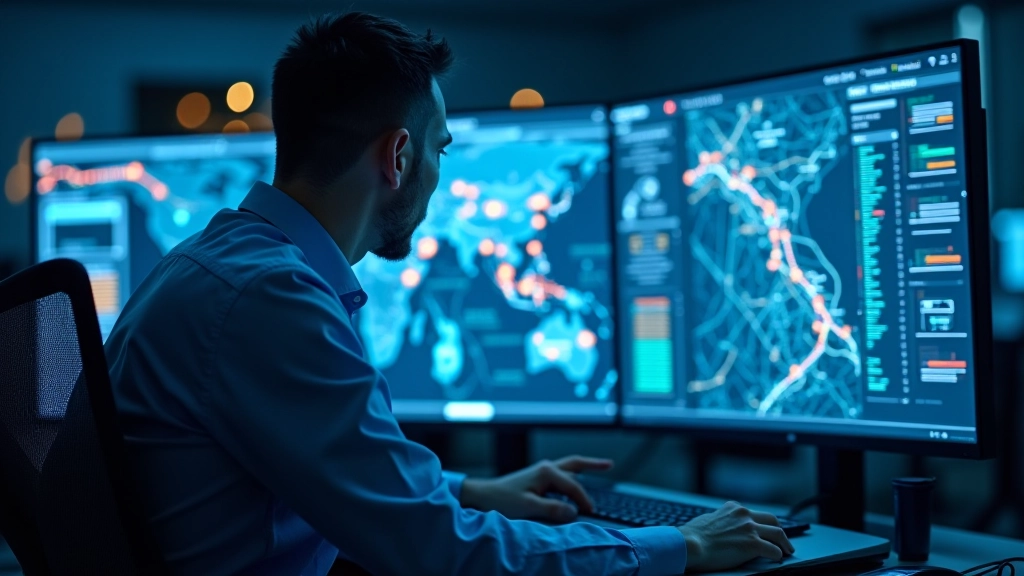 Veri analitik merkezi kontrolü gösteren ekran paneli, gerçek zamanlı harita ve istatistik göstergeler, operasyon odası