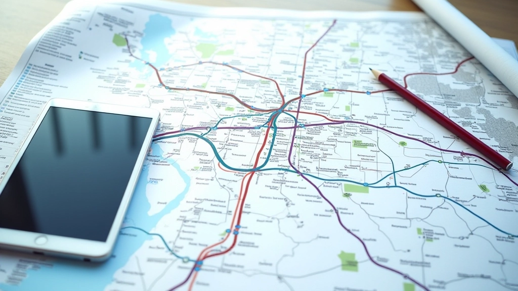 Şehir altyapı planı ve yer haritası üzerine çizilmiş ulaşım rotaları, metro hattı ve yol şeması, mimar masası